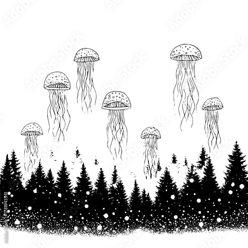 Seven jellyfish floating above a dark forest with snow falling in a black and white illustration