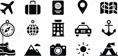 Travel and Vacation Icons Set Airplane Suitcase Passport Compass Globe Hotel Taxi Anchor