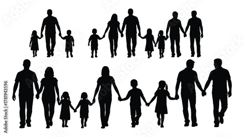 Diverse family silhouettes holding hands isolated on white background, Vector