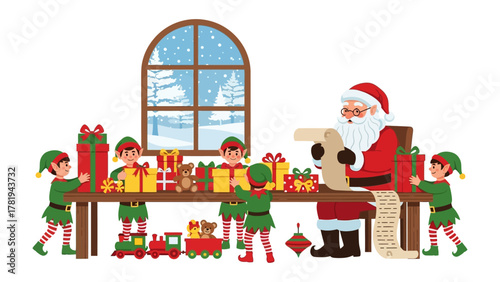 Workshop Harmony: A scene unfolds within a festive workshop, where Santa Claus, surrounded by a team of diligent elves, meticulously reviews his list of good deeds.