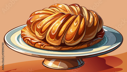 Very beautiful close-up of a round croissant with glossy icing placed on a cake stand, featuring flaky texture, warm natural light, and a realistic delicious pastry presentation.