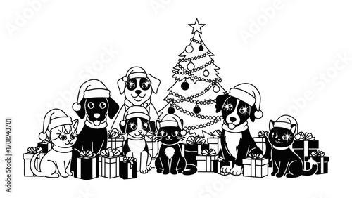 Holiday Cheer: A charming tableau of playful animals, adorned with festive hats and surrounded by presents, gathers around a beautifully decorated Christmas tree.