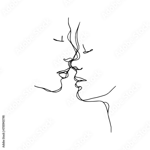 Continuous line drawing of two faces in a kiss representing love and connection in a minimalist style