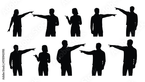 Silhouettes of people pointing in various directions isolated on white background, Vector