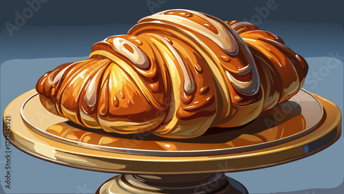 Very beautiful close-up of a round croissant with glossy icing placed on a cake stand, featuring flaky texture, warm natural light, and a realistic delicious pastry presentation.