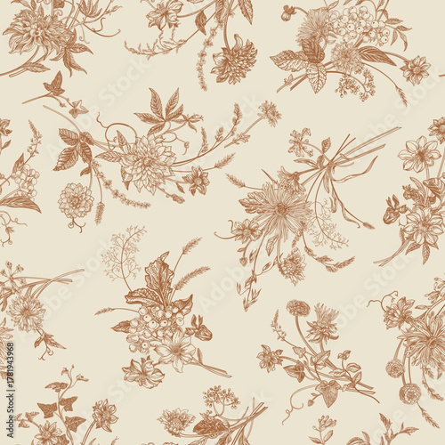 Elegant vintage floral seamless pattern in warm brown tones on a soft beige background. Detailed botanical illustrations with classic flower arrangements and delicate foliage.