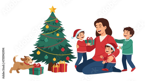Joyful Holiday Moment: A festive holiday scene, a family is gathered around a decorated Christmas tree, exchanging gifts and sharing laughter.