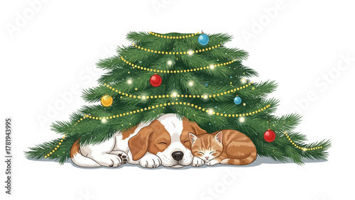 Cozy Christmas Nap: A heartwarming scene unfolds as a cat and dog snuggle together beneath a festively decorated Christmas tree, evoking feelings of warmth and companionship. 