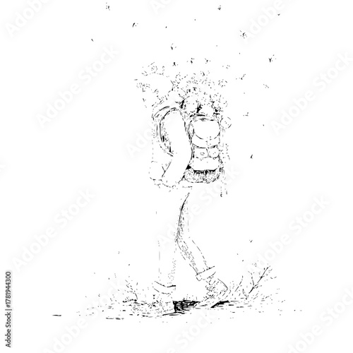 Illustration of a person walking with a backpack in a distressed black and white style artwork image