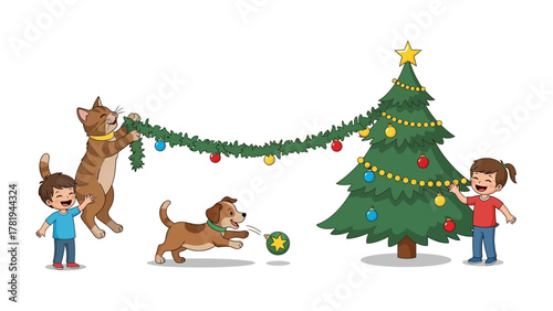 Christmas Decoration: A heartwarming illustration of a festive scene. A cheerful young child with their beloved pet dog and a cat decorate a sparkling Christmas tree.