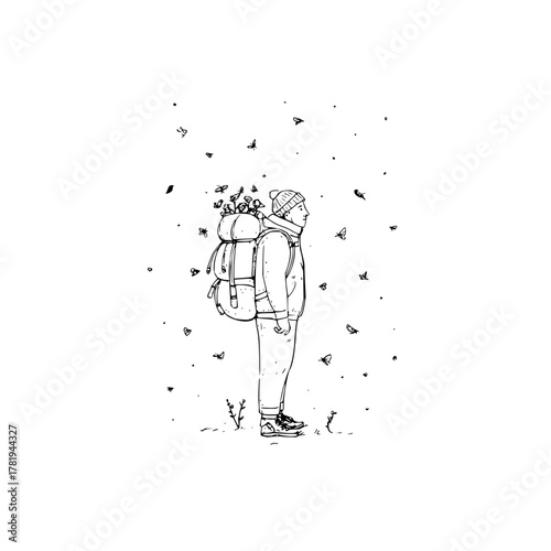 Illustration of a hiker with a backpack full of birds standing amidst flying butterflies and small plants