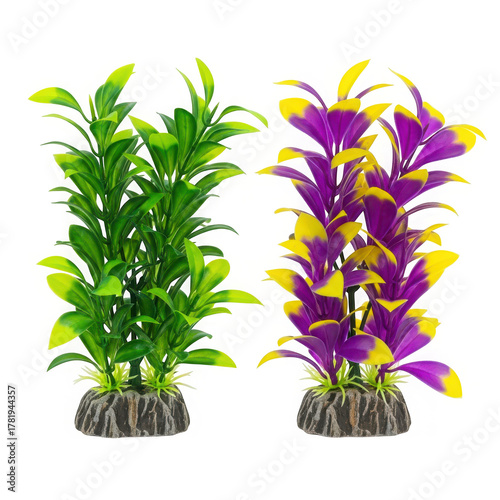 Two artificial aquarium plants isolated on transparent background, green and purple