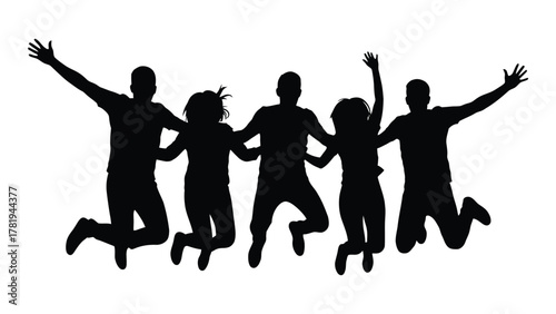 Happy jumping friends silhouette isolated on white background, Vector