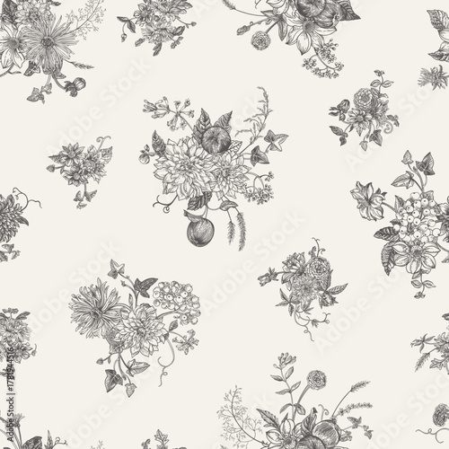 An elegant vintage floral seamless pattern. Background with small flower arrangements. Botanical illustration with dahlias, asters, zinnias, berries, and apples. Black and white.