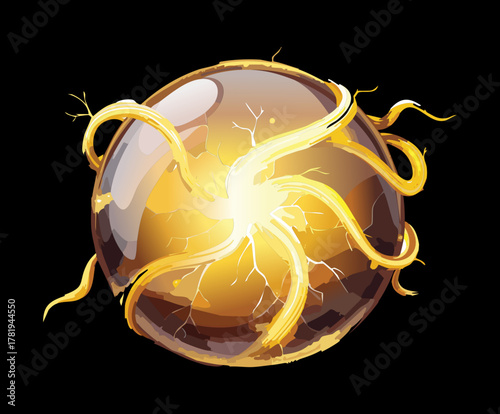 Magical Golden Energy Orb Surrounded by Cracking Electric Discharges Representing Elemental Magic Power and Fantasy Game Icon