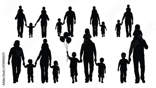Family silhouettes walking together isolated on white background, Vector