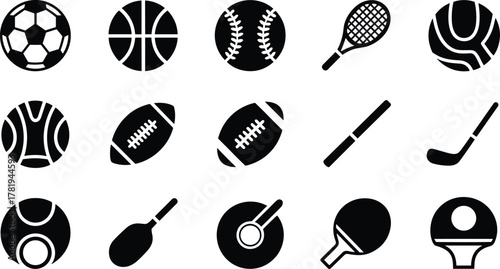 Variety of sports equipment and balls icons in black silhouette style