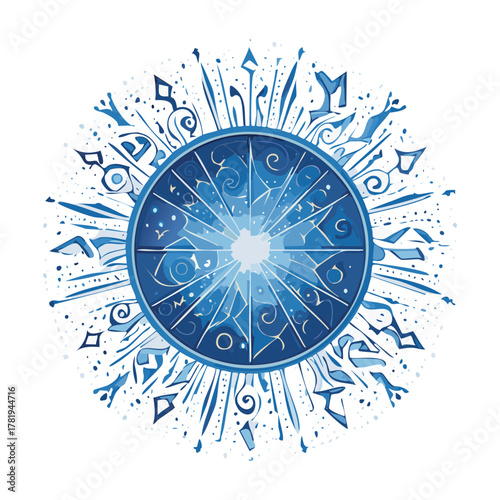 Intricate Blue Zodiac Magic Circle Icon with Astrological Symbols and Glowing Runes Representing Cosmos and Celestial Power