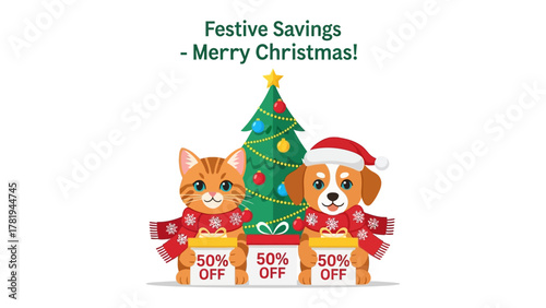 Festive Animal Friends Celebration: A merry Christmas scene filled with gifts, a Christmas tree, and two cute animal friends adorned in festive gear, offering holiday savings and joy.