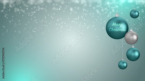 Blue And Silver Christmas Ornaments With Merry Christmas Text And Snow Particles