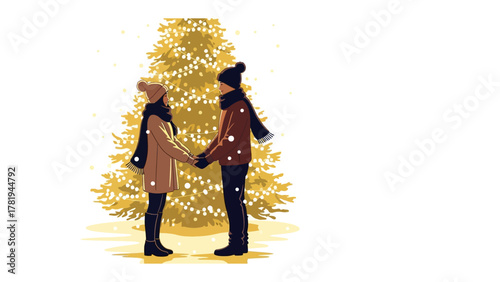 Winter Romance: A tender moment unfolds as a couple stands hand-in-hand beneath a festive, glowing Christmas tree, the season's magic filling the air.