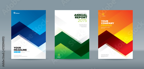 Dynamic cover design featuring a modern abstract zig-zag geometric pattern in blue, green, and orange color. A4 size book cover template for annual report, magazine, booklet, proposal, portfolio