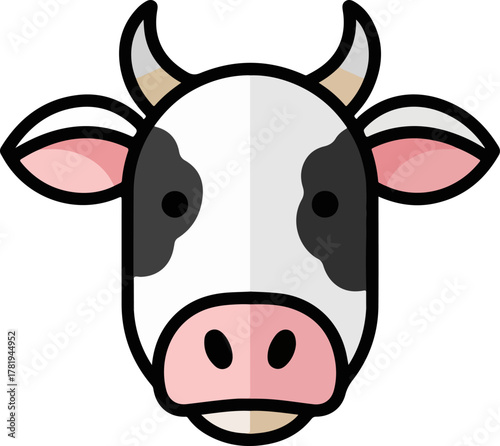 A charming cartoon animal head of a cow, with black and white markings and pink ears, creating a friendly and approachable illustration perfect for various uses