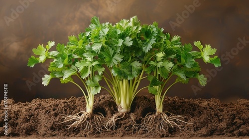Detailed botanical illustration of parsley plant and parts.