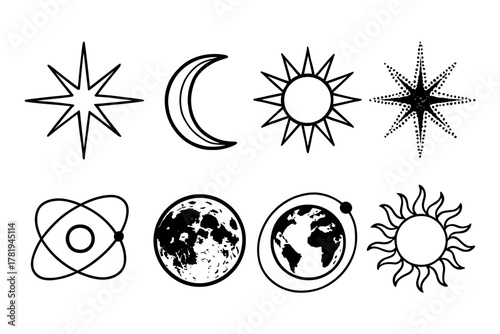 Astronomy icons set: sun, moon, earth, star, planetary symbols in black and white