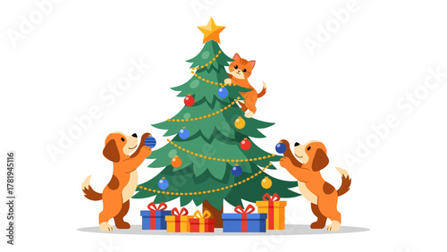 Holiday Cheer: Adorable pups and a playful kitten decorate a vibrant Christmas tree, creating a joyful scene filled with festive spirit and holiday wonder.