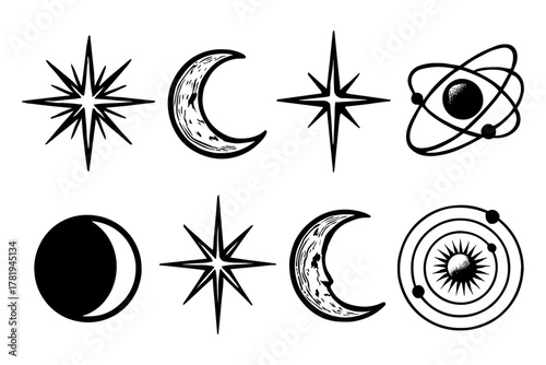 Cosmic celestial icons featuring stars, moons, and atomic symbols in black silhouette art