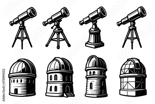 Vintage telescopes and observatories in retro style for astronomy enthusiasts