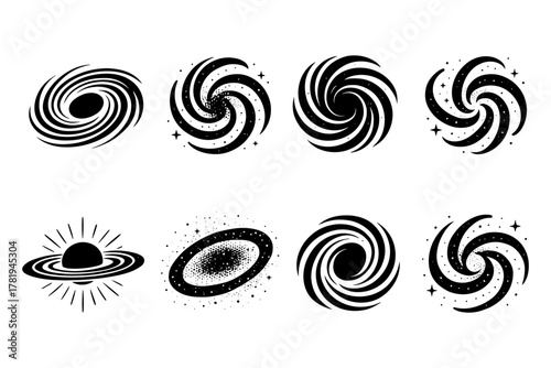 Retro galactic icons set: whirlpools, swirls, and space elements