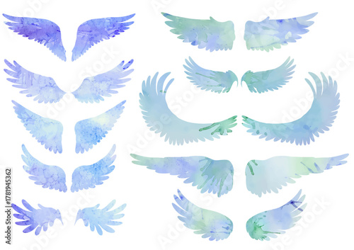 Vector clip arts set of watercolor silhouette of bird wings. Collection of angel wings isolated of the background.