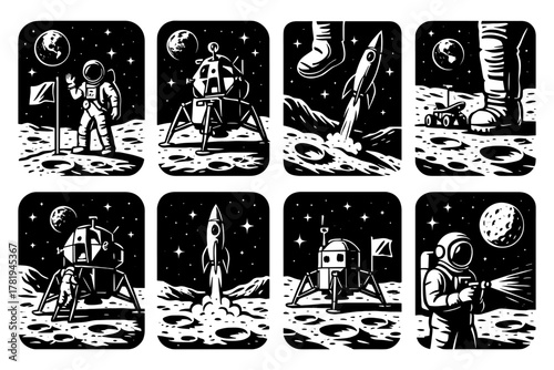 Vintage space exploration scenes with astronauts, rockets, and lunar landscapes