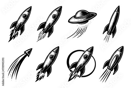 Vintage spacecraft and rocket designs in retro tattoo style