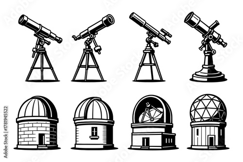 Set of telescopes and observatories in black and white silhouette style