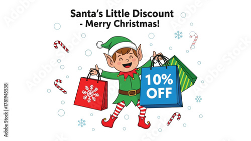 Festive Discount Delight: A joyful elf embodies the holiday spirit, offering tempting discounts and spreading seasonal cheer, set against a backdrop of festive symbols.