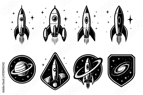 Retro rocket and space icons in vintage style featuring planets and galaxies