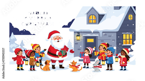 Christmas Celebration: Santa Claus shares gifts and warmth with a group of children, animals, and houses blanketed in snow and adorned with festive lights and decorations.