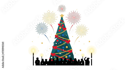 Festive Celebration Under the Stars: A majestic Christmas tree adorned with twinkling lights stands proudly amidst a jubilant crowd, as fireworks burst overhead, illuminating the joyous night.