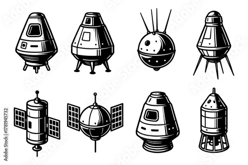 Retro spacecraft collection: vintage monochrome designs of capsules and satellites