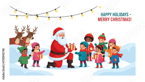 Santa's Christmas Gift: A festive illustration of Santa Claus delighting children with gifts, conveying the warmth and joy of Christmas, surrounded by reindeer and holiday lights. 