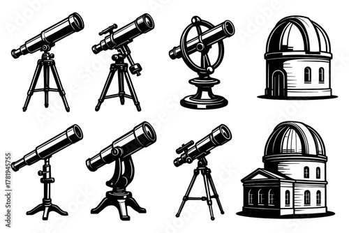 Astronomical equipment icons featuring telescopes and observatories in monochrome style
