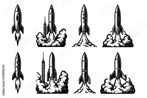 Vintage rocket silhouettes: retro rocket launch icons in monochrome design