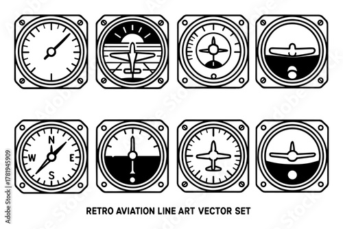Vintage aviation panel collection: classic aircraft line art gauges