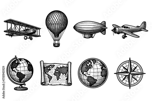 Vintage travel icons collection: airplanes, airships, globes, compass, and map in hand-drawn style
