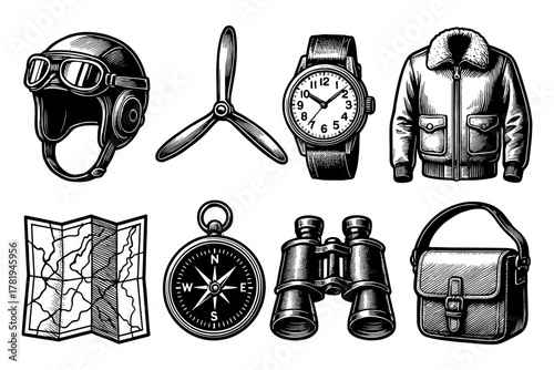 Vintage aviation objects in detailed black and white style