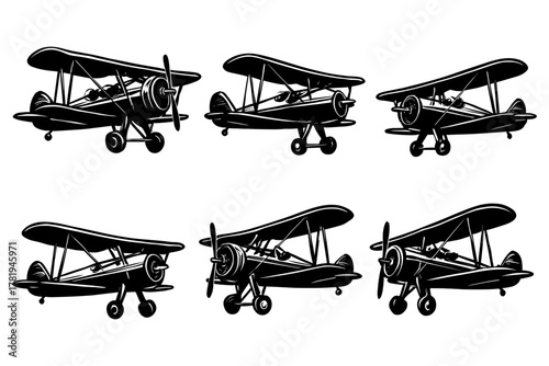 Biplane silhouettes collection: classic aircraft designs in vintage style