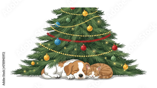 Holiday Snuggle: A cozy illustration depicts a peaceful scene of a dog and cat sleeping peacefully under a decorated Christmas tree, evoking warmth and festive joy.